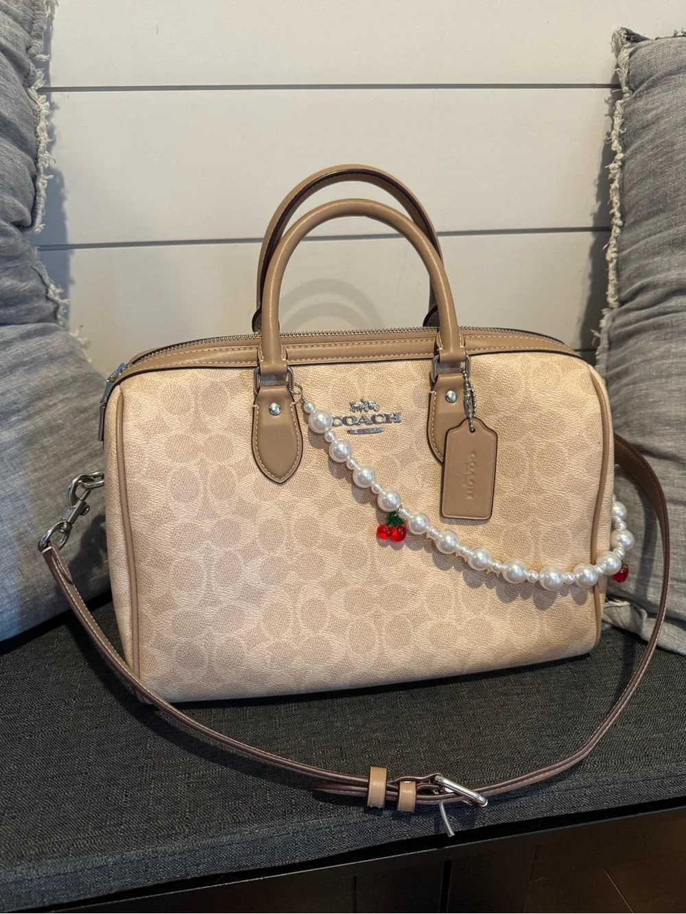 Coach Beige Signature Satchel with Pearl and Cherry Charm